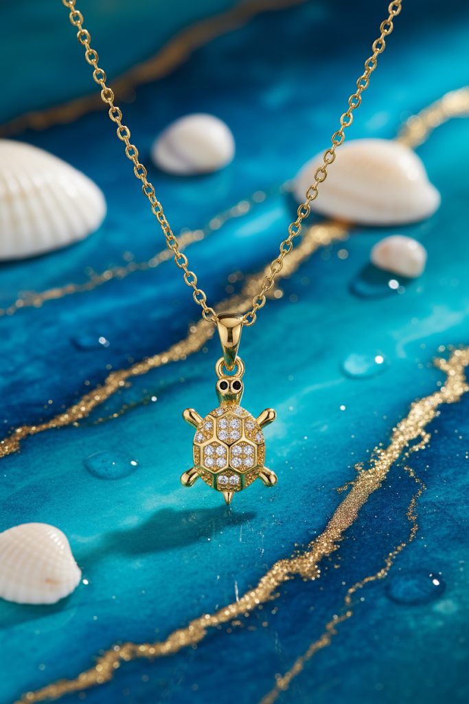 Stainless Steel Crystal Turtle Pendant Necklace – Gold