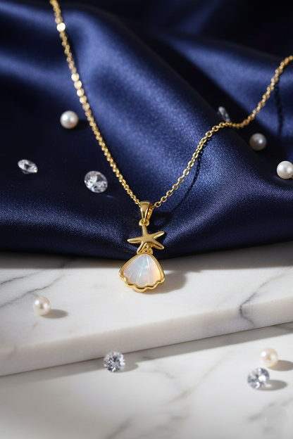 Stainless Steel Seashell & Starfish Pendant Necklace – Gold