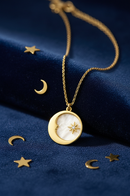 Stainless Steel Crescent Moon & Star Necklace – Gold