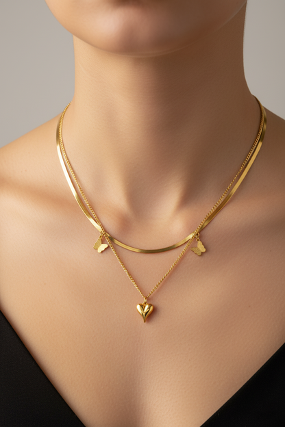 Stainless Steel Layered Heart & Butterfly Pendant Necklace – Gold