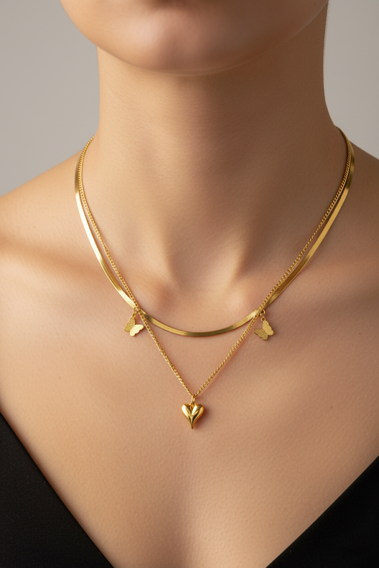 Stainless Steel Layered Heart & Butterfly Pendant Necklace – Gold
