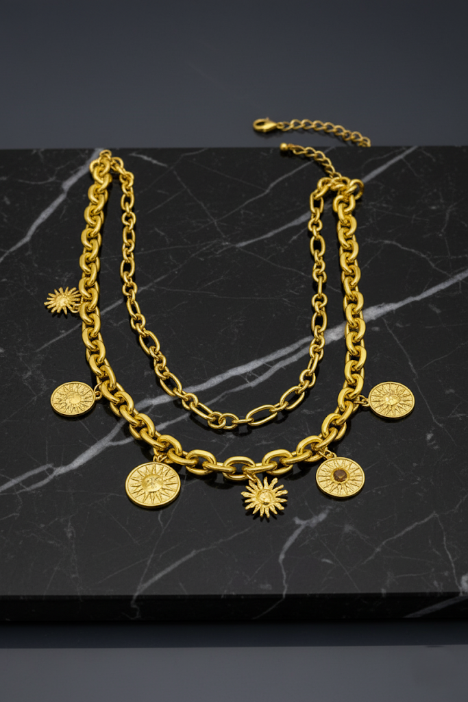 Zinc Alloy Double-Layered Sun Pendant Necklace – Gold