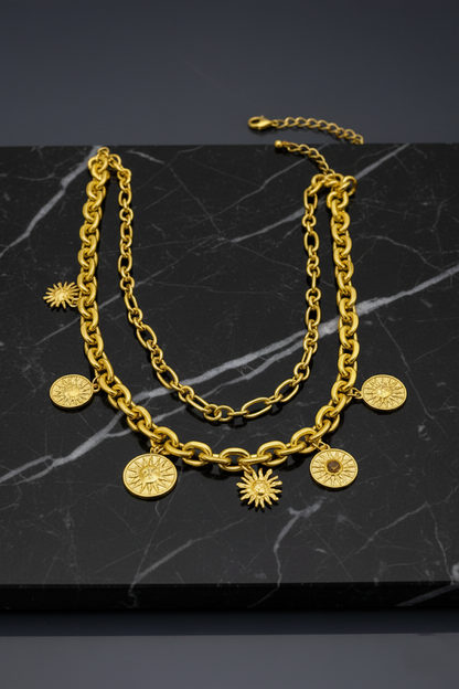 Zinc Alloy Double-Layered Sun Pendant Necklace – Gold