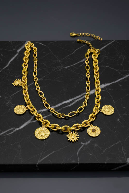 Zinc Alloy Double-Layered Sun Pendant Necklace – Gold