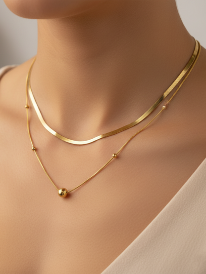 Stainless Steel Layered Necklace with Ball Detail – Gold