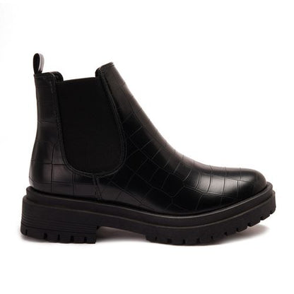 Faux Leather Croc-Embossed Chelsea Boot - Black