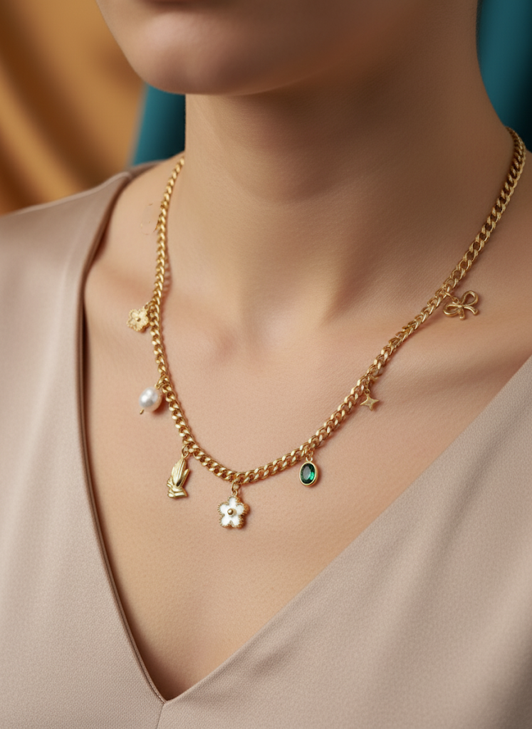 Stainless Steel Multi-Charm Necklace – Gold