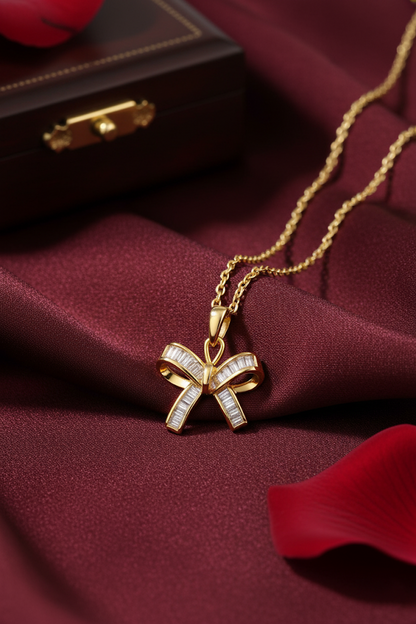 Stainless Steel Crystal Bow Pendant Necklace – Gold