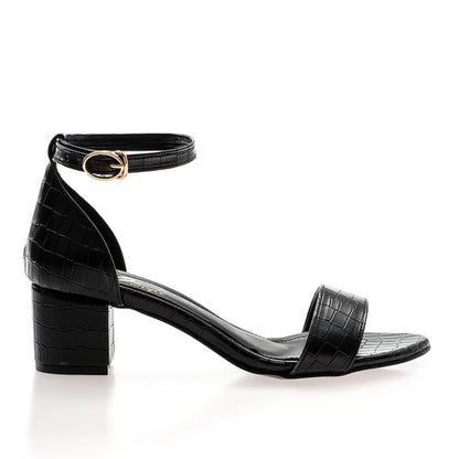 Faux Leather Ankle Strap Block Heel Sandals – Black