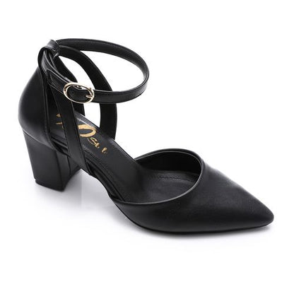 Faux Leather Pointed-Toe Block Heels - Black
