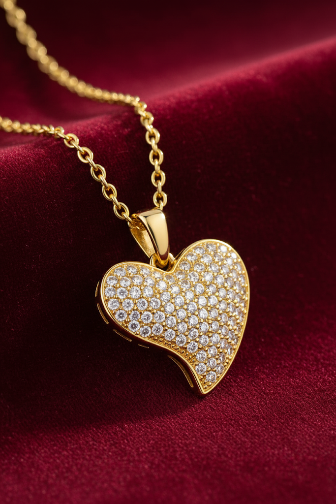 Stainless Steel Pave Crystal Heart Pendant Necklace – Gold