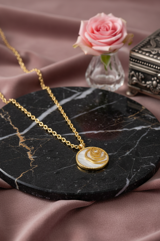 Stainless Steel Mother-of-Pearl Rose Pendant Necklace – Gold