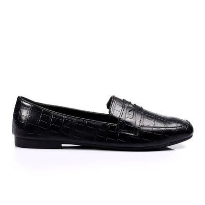 Faux Leather Croc-Embossed Loafers – Black