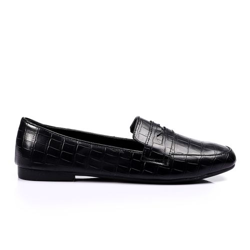 Faux Leather Croc-Embossed Loafers – Black