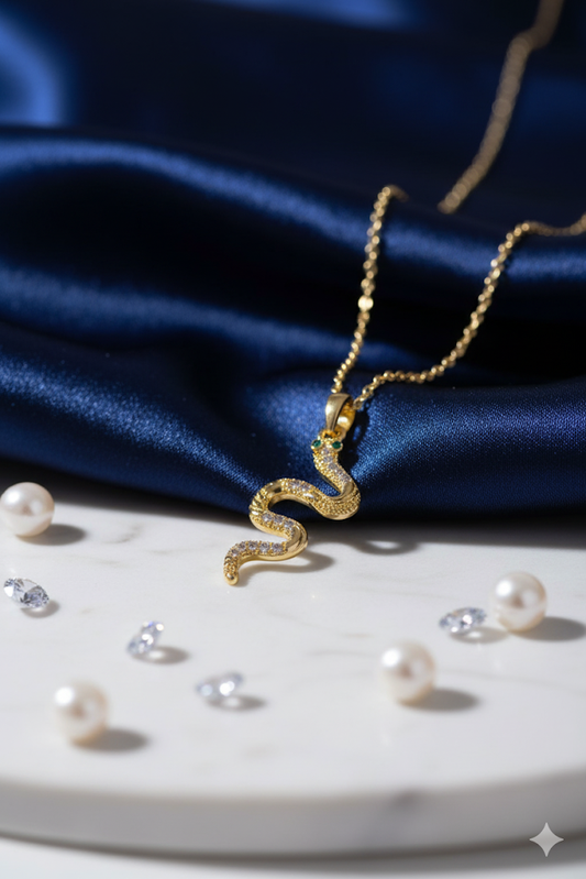 Stainless Steel Crystal Snake Pendant Necklace – Gold