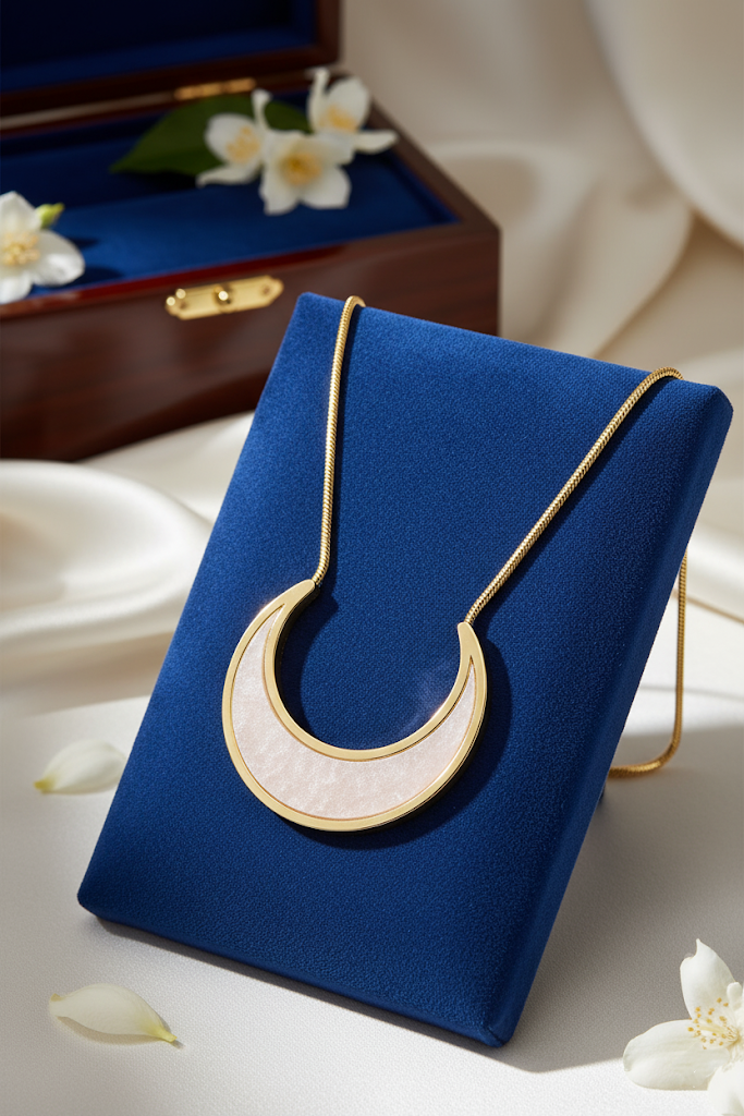 Stainless Steel Crescent Pendant Necklace with White Inlay – Gold