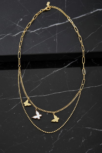 Stainless Steel Layered Butterfly Charm Necklace – Gold