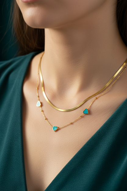 Stainless Steel Layered Necklace Turquoise Heart Charms – Gold