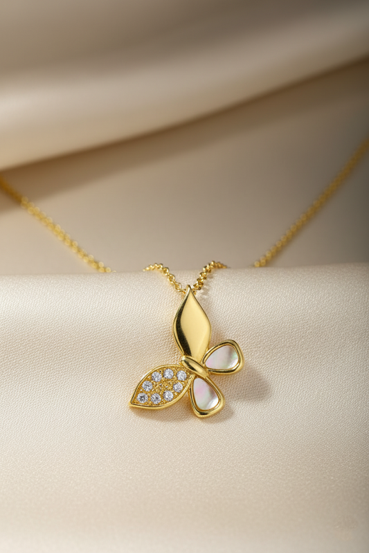 Stainless Steel Crystal Butterfly Pendant Necklace – Gold