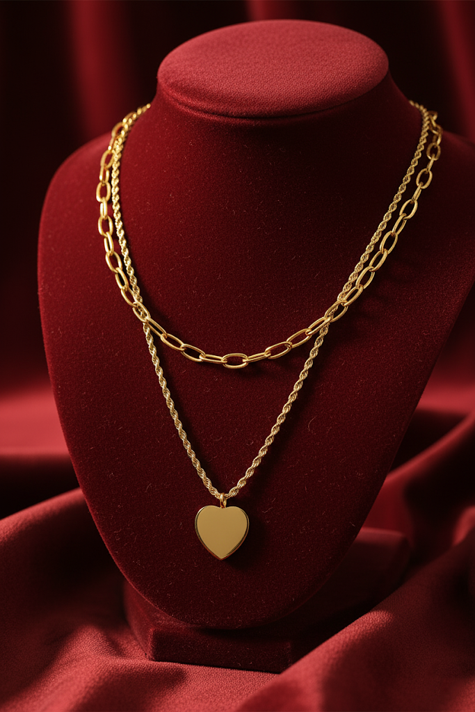 Stainless Steel Layered Heart Pendant Necklace – Gold