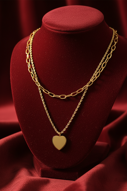 Stainless Steel Layered Heart Pendant Necklace – Gold