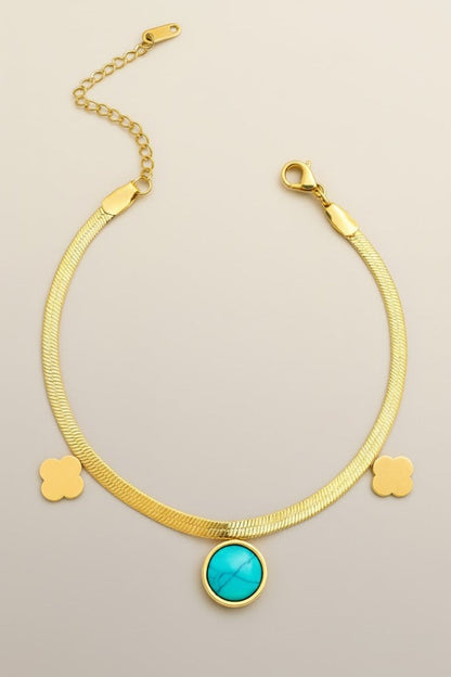 Stainless Steel Flat Chain Bracelet with Clover Charms & Turquoise Stone – Gold