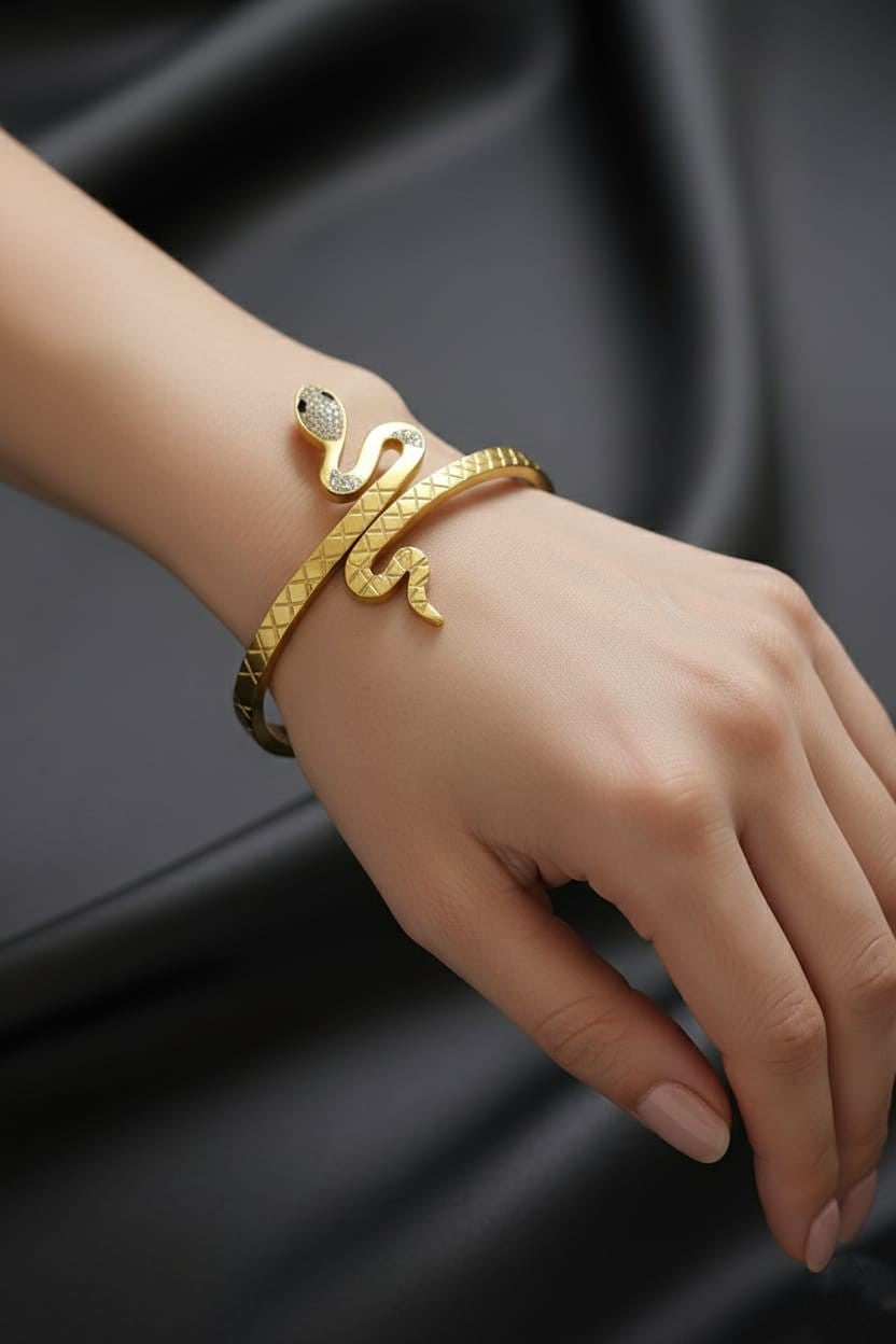 Stainless Steel Crystal-Encrusted Snake Bracelet – Gold