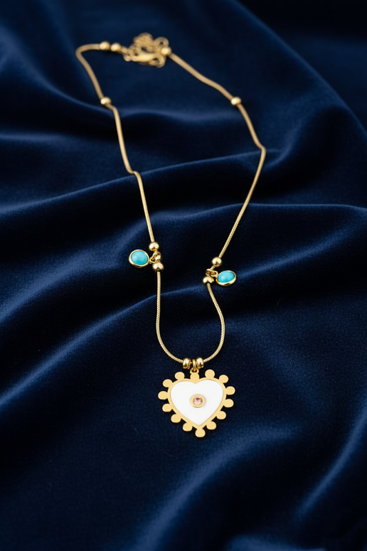 Stainless Steel White Enamel Heart Pendant Necklace – Gold