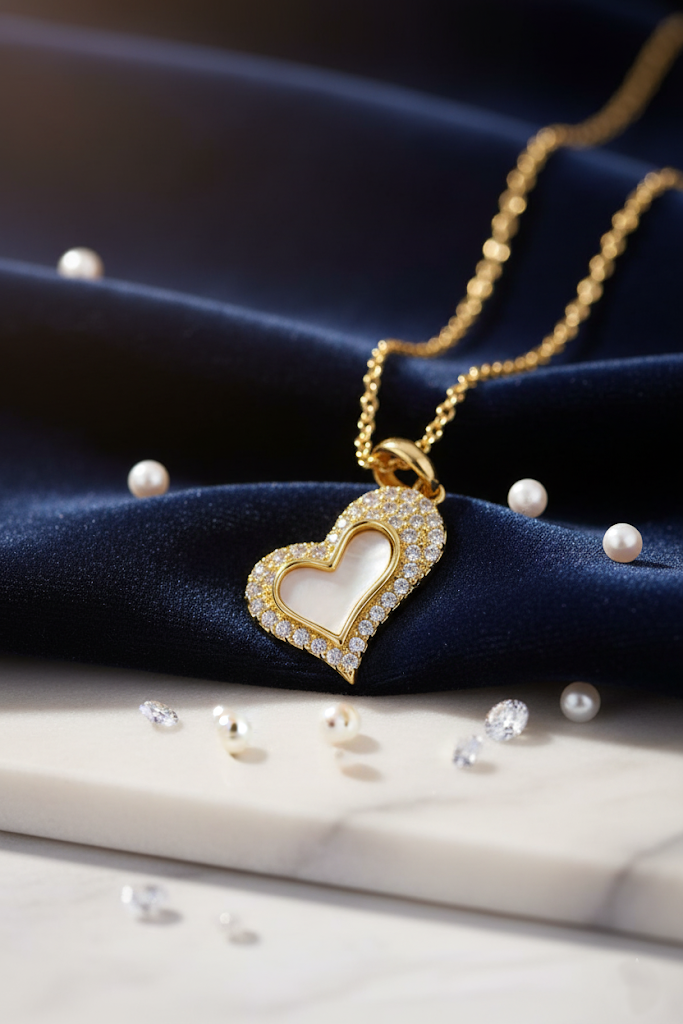 Stainless Steel Crystal Pavé Heart Pendant Necklace – Gold