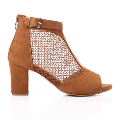 Suede and Mesh Peep-Toe Bootie Sandals - Camel