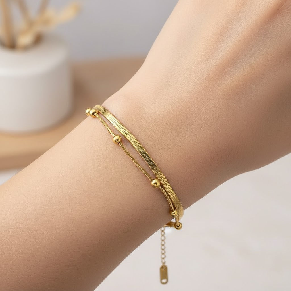 Stainless Steel Double Layer Flat Chain Beaded Bracelet – Gold