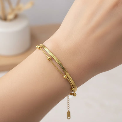 Stainless Steel Double Layer Flat Chain Beaded Bracelet – Gold