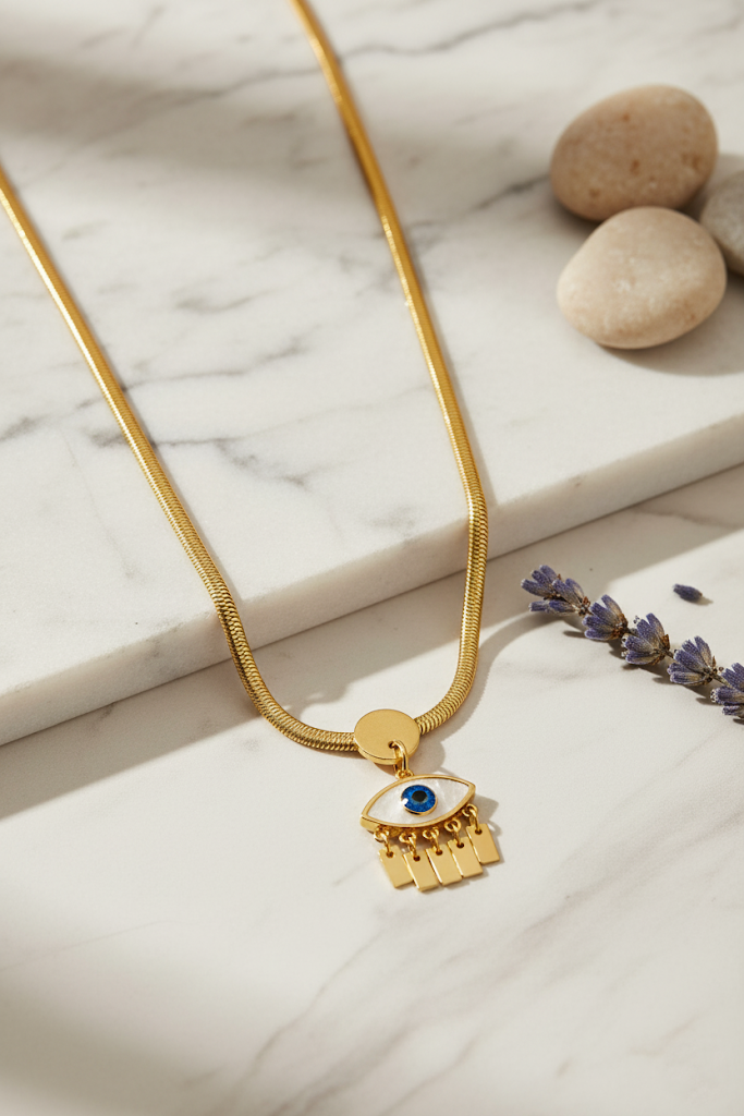 Stainless Steel Blue Eye Pendant Necklace with Tassels – Gold