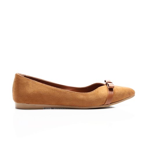 Suede Pointed Toe Flats with Bow Accent – Camel