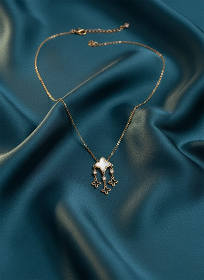 Stainless Steel Clover & Floral Pendant Necklace – Gold