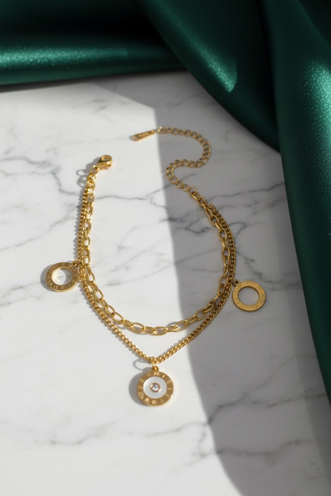 Stainless Steel Layered Roman Numeral Crystal Charm Bracelet – Gold