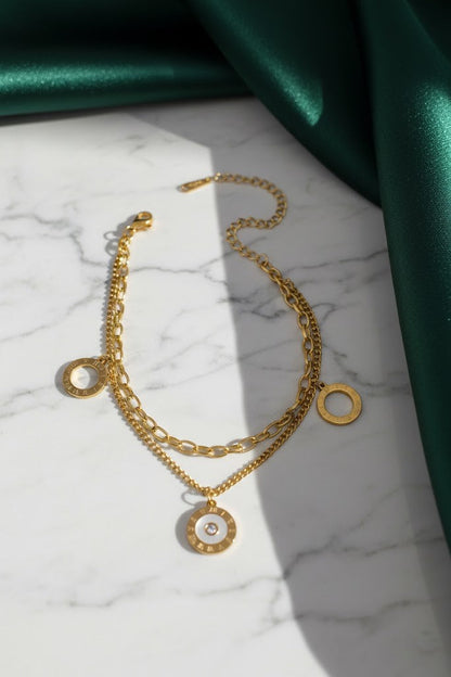 Stainless Steel Layered Roman Numeral Crystal Charm Bracelet – Gold