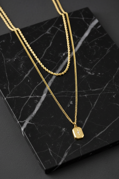 Stainless Steel Double Chain Rectangle Pendant Necklace – Gold