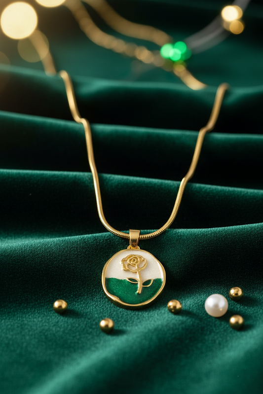 Stainless Steel Circular Rose Pendant Necklace with Enamel Design – Gold