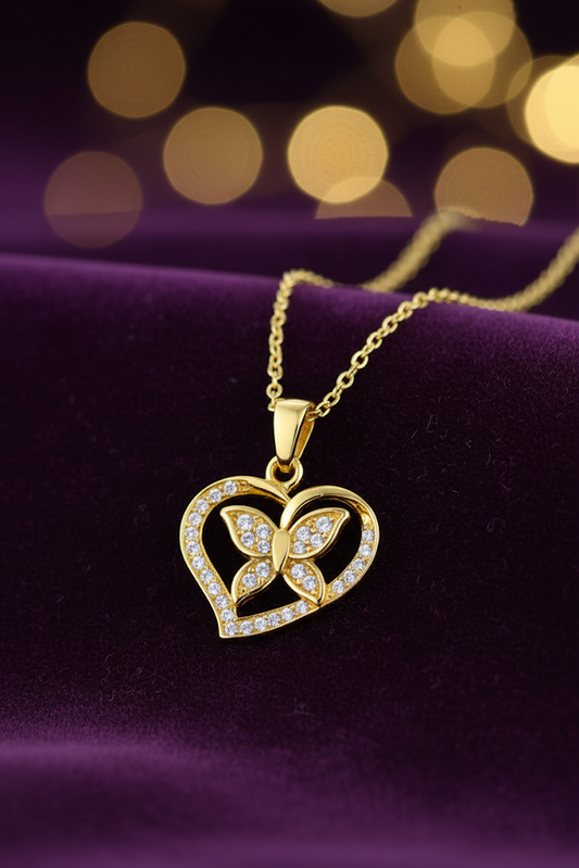 Stainless Steel Heart and Butterfly Crystal Pendant Necklace – Gold