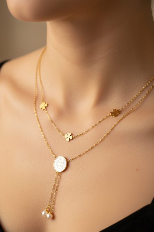 Stainless Steel Double-Layer Clover & Pearl Necklace – White