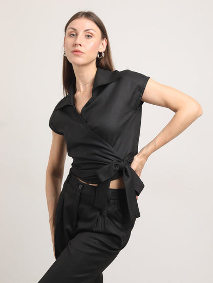 Blended Fabric Wrap Blouse – Black