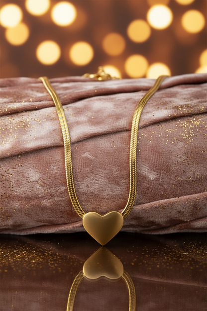 Stainless Steel Matte Puffed Heart Pendant Necklace – Gold