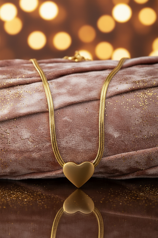 Stainless Steel Matte Puffed Heart Pendant Necklace – Gold