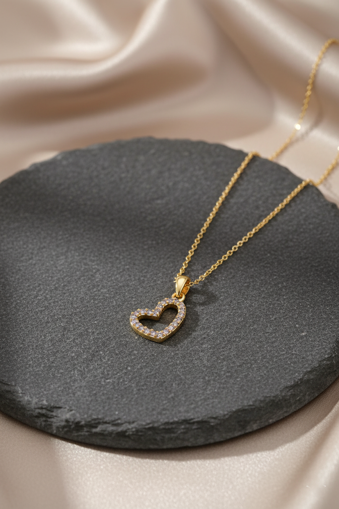 Stainless Steel Pavé Crystal Open Heart Pendant Necklace – Gold