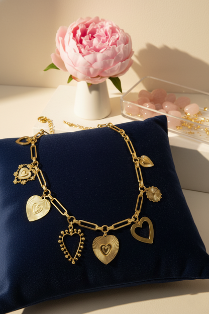 Zinc Alloy Hearts & Links Charm Necklace – Gold