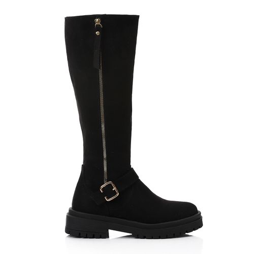 Faux Suede Knee-High Boots – Black