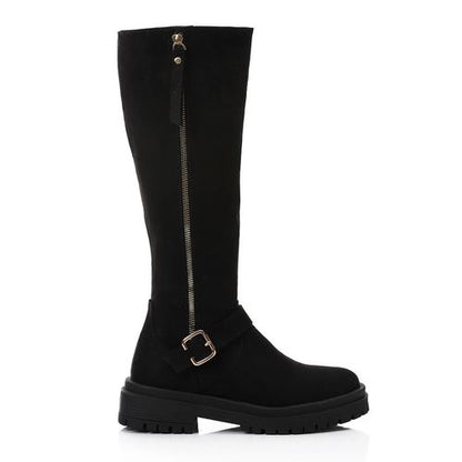 Faux Suede Knee-High Boots – Black