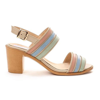 Faux Leather Multi-Stripe Block Heel Sandals – Multicolor