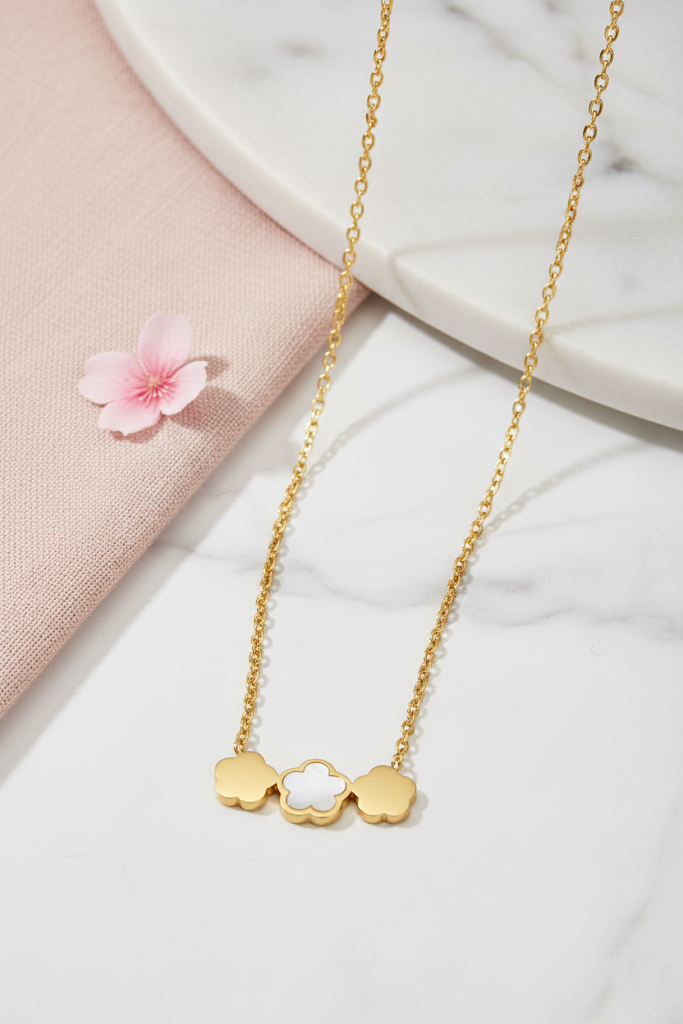 Stainless Steel Triple Cloud Pendant Necklace – Gold Tone